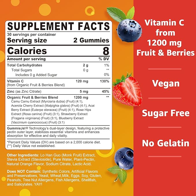 Organic Vitamin C Gummies 120mg for Adults Sugar Free Daily Immune Defense Raw Antioxidant 100% Whole Food Chewable Vitamin C Supplement from 1200mg Berries &amp Fruits for Collagen Vegan 60 Co