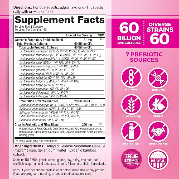 Vital Planet - Vital Flora Women’s Daily Probiotic 60 Billion CFU 60 Diverse Strains 7 Organic Prebiotics Vaginal and Immune Support Bloating Digestive Health Probiotics for Women 60 Capsules