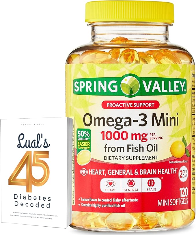 Spring Valley Omega-3 Mini from Fish Oil 1000 mg 120 Count Dietary Supplement Omega 3 Mini Softgels Bundle with Luall's 45 Diabetes Decoded