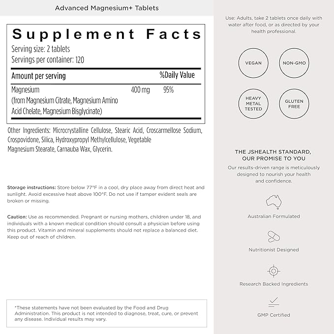 JSHealth Magnesium Supplement for Sleep. 400mg Triple-Form Glycinate Citrate Amino Acid Chelate. By Nutritionist Jessica Sepel (120 Tablets)
