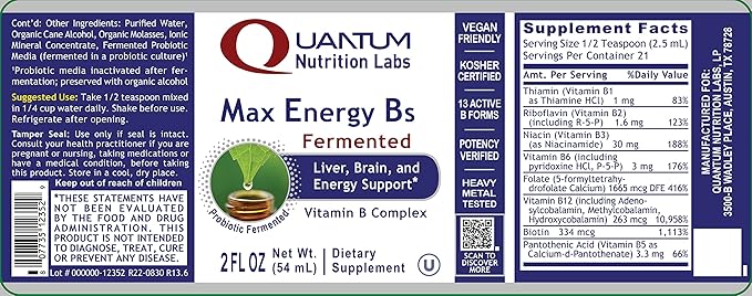 Quantum Nutrition Labs Max Energy B - Vitamin B Complex Liquid Drops Organic Supplement for Women and Men Vitamin B1 B2 B3 B5 B6 B12 - 2 Fl Oz