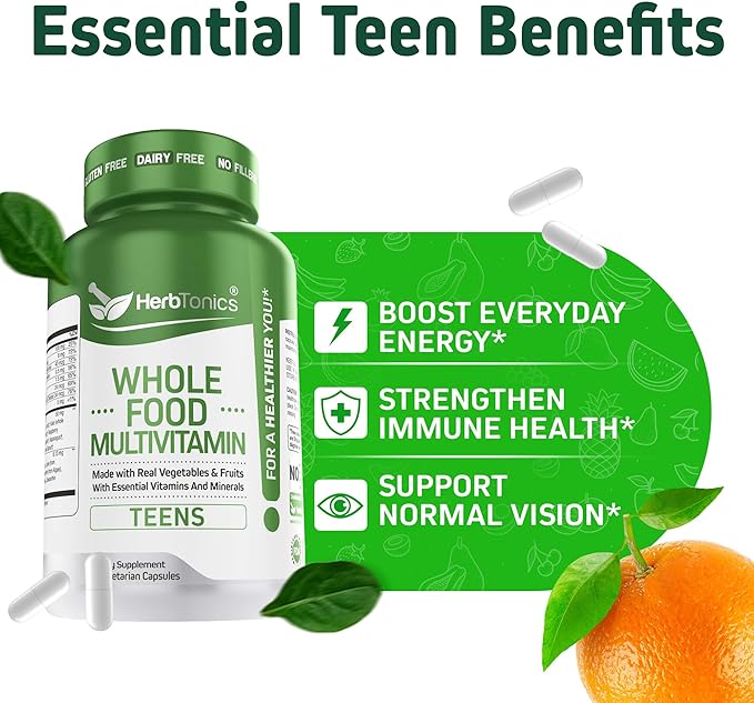 Herbtonics Whole Food Teen Vitamins for Energy Focus &amp Immune Support - Multivitamin for Teenage Boys &amp Girls (12-18) with Real Superfoods - Vegan Plant Based Non-GMO - 60 Easy Swallow Caps