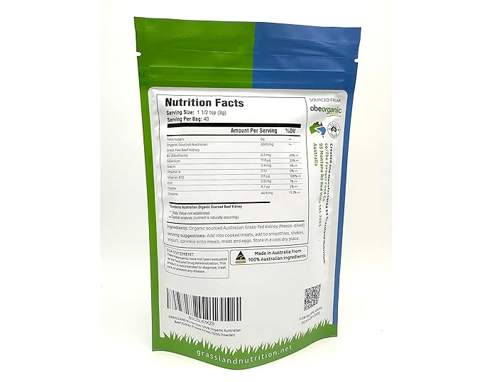 GRASSLAND NUTRITION 100% Organic Australian Beef Kidney (Freeze Dried) - High in B12 and Selenium DAO (120G Powder)