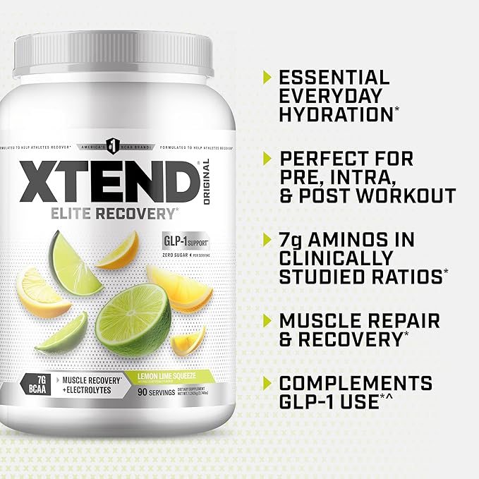 Xtend Original BCAA Powder 7g BCAAs and 2.5g L-Glutamine for Muscle Recovery Hydration and Lean Muscle Sugar Free Intra and Post Workout Drink with Electrolytes Lemon Lime Squeeze 90 Servings