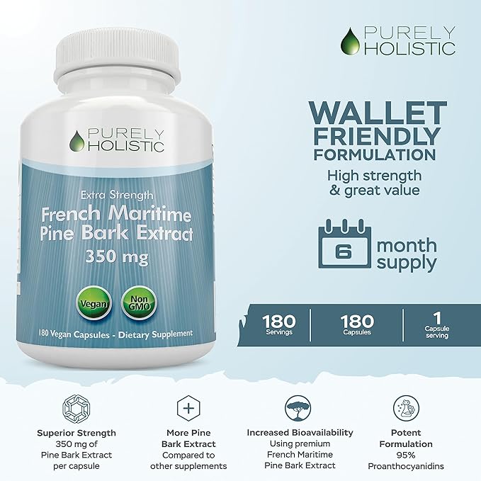 Purely Holistic Pine Bark Extract 350mg 180 Vegan Capsules 95% Proanthocyanidins - French Maritime Pine Bark Extract - Non GMO &amp Pesticide Free Antioxidant Supplement
