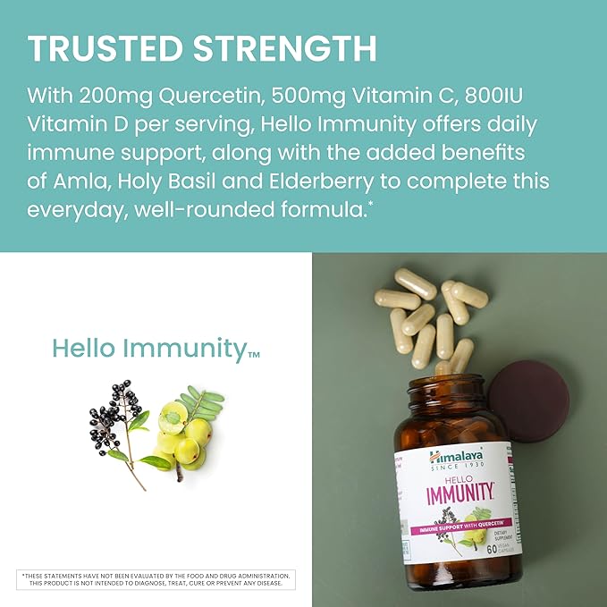 Himalaya Hello Immunity with Quercetin 60 Day Supply - Herbal Immune Support Supplement Bioflavonoid and Antioxidant for Immunity and Daily Wellness - Vegan Non-GMO Gluten Free 500 mg 60 Caplets