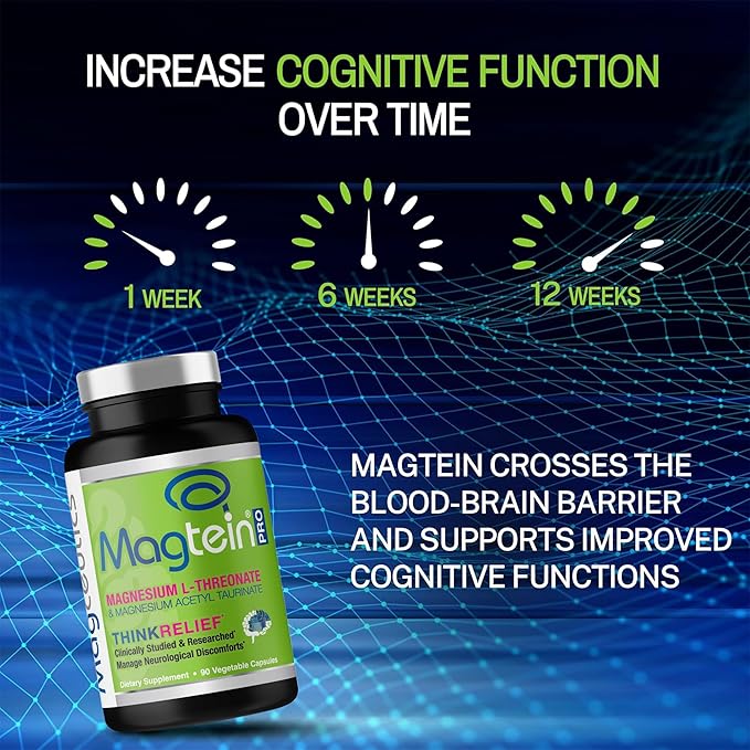 MagteinPRO - Magnesium L-Threonate &amp Mag Acetyl Taurinate Supplement Memory Sleep &amp Brain Health Formula for Men &amp Women Cognitive Support for Adults Clinically Studied- 90 Veg Capsule