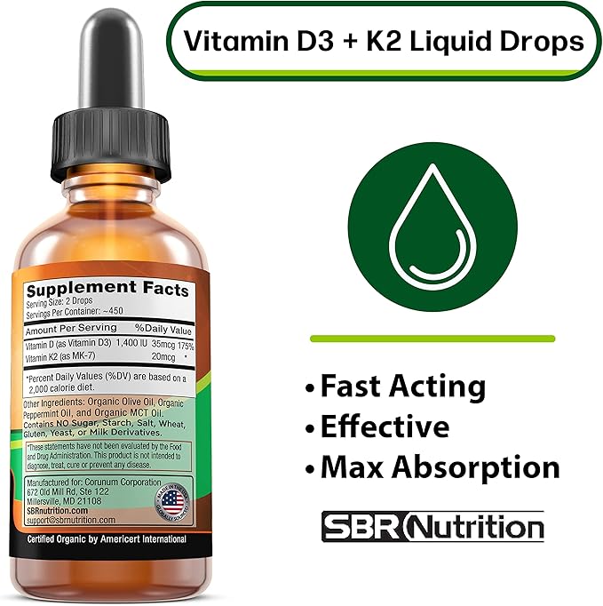 SBR Nutrition MAX Absorption Vitamin D3 + K2 (MK-7) Liquid Drops with MCT Oil Peppermint Flavor Helps Support Strong Bones and Healthy Heart