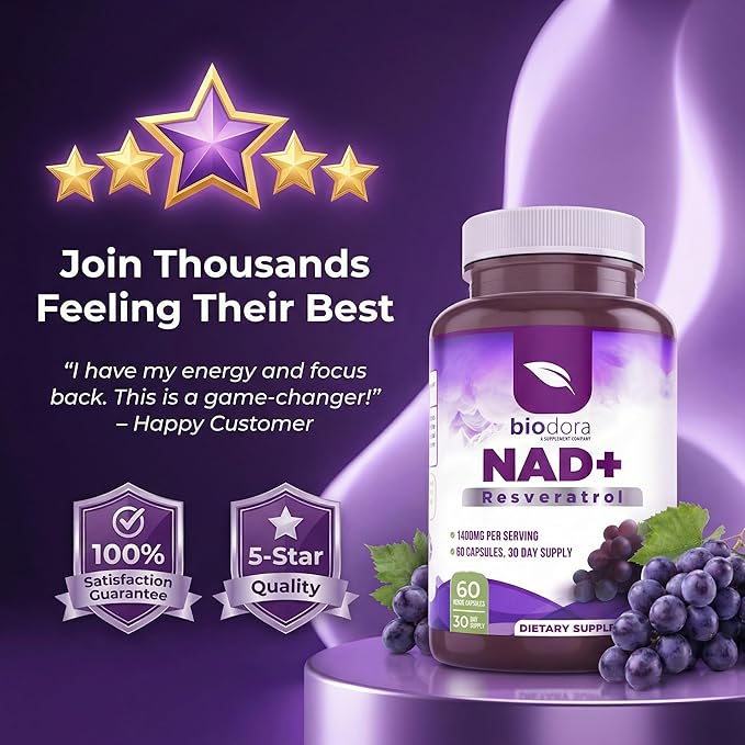 Resveratrol NAD+ 1400mg | Trans-Resveratrol Antioxidant NAD Supplement with NAD | Support Cellular Health Energy &amp Anti Aging (60 Capsules)