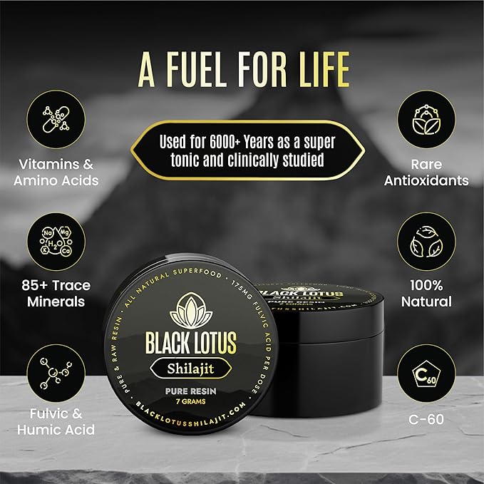 Black Lotus Pure Shilajit Resin 7g 100% Pure Natural Shilajit for Men &amp Women with Amino Acids 175mg Fulvic Acid 85 Ionic Trace Minerals per Serving Superfood for Immune Support Focus Energ
