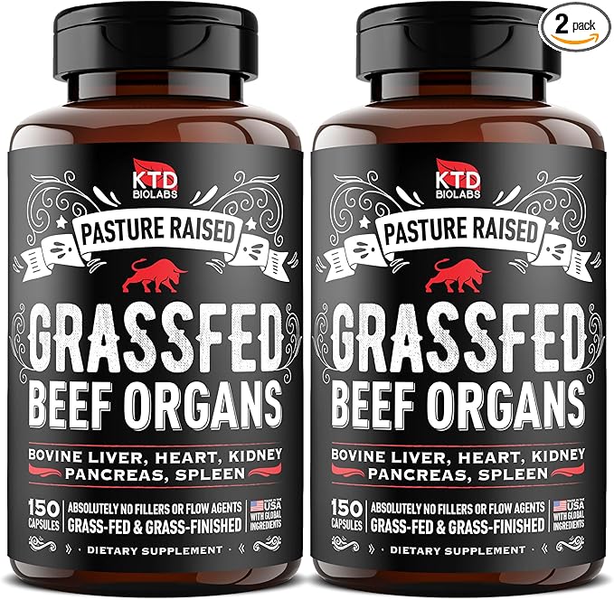 (Pack of 2) Grass Fed Beef Organ Supplement - Supports Whole Body Wellness 3000mg - with Desiccated Beef Liver Heart Kidney Pancreas Spleen - Organ Complex for Immune Digestive Health (150 Caps)