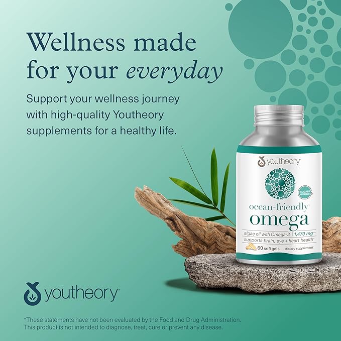 Youtheory Ocean-Friendly Omega - Vegan Algae Omega 3 Softgel - with EPA &amp DHA - Heart Eye &amp Brain Health - Recyclable Aluminum Container - Gluten Soy &amp Dairy Free - 60 Softgels (Pack of