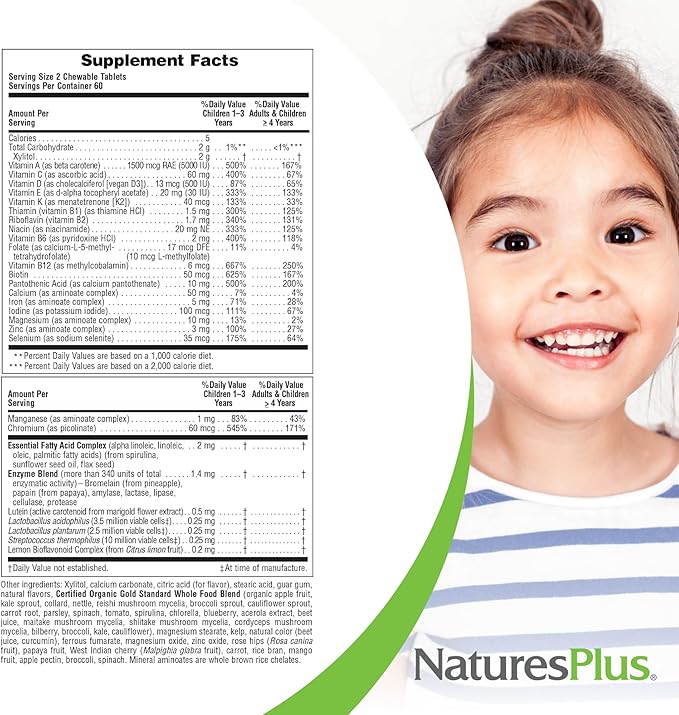 NaturesPlus Animal Parade Gold Multivitamin Children’s Chewables - Watermelon Flavor - 120 Animal-Shaped Tablets - Vitamin D3 K2 &amp Probiotics - Vegan Gluten Free - 60 Total Servings