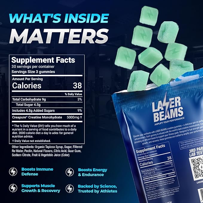 Creatine Monohydrate Gummies for Women &amp Men- 5g Creapure Creatine per Serving - Vegan Blue Raspberry Flavor - Boost Muscle Strength Endurance Recovery &amp Mental Focus (90 Gummies)