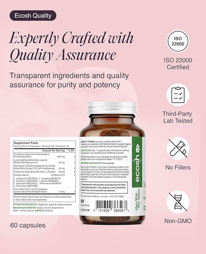 Women's Probiotic for PH Balance Urinary Tract &amp Gut Health – Vaginal Probiotics for Women with Prebiotics Lactobacillus Acidophilus &amp Crispatus Natural Cranberry &amp Herbs | 120 Vegan Ca