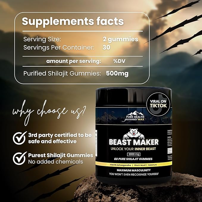 Beast Maker - Pure Shilajit Gummies for Men | Natural Himilayan Organic Shilajit Authentic Male Enhancement Supplement with Ashwagandha Black Musli Gokshura | 60 Gummies