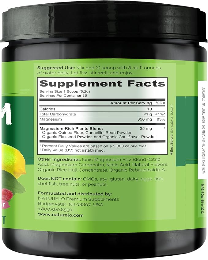 NATURELO Magnesium Powder - Whole Food Calm Magnesium Powder with Quinoa Cauliflower &amp Flaxseed for Stress Relief Raspberry Lemon 85 Servings 15oz (Pack of 2)