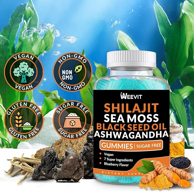 Shilajit Sea Moss Ashwagandha Gummies with Turmeric Black Seed Oil Vitamin C D for Men &amp Women Shilajit and Ashwagandha Gummy All in 1 Supplements for Immune Absorption &amp Energy Support
