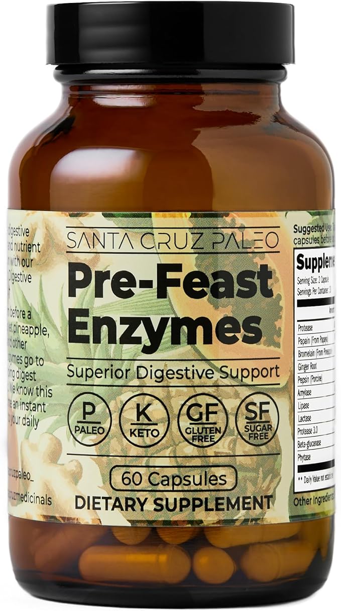 Santa Cruz Paleo Pre-Feast Digestive Enzymes Supplement Multi Enzyme for Women and Men Fiber Supplement for Gut Health &amp Digestive Health Gluten Free Keto Paleo Sugar Free 60 Capsules