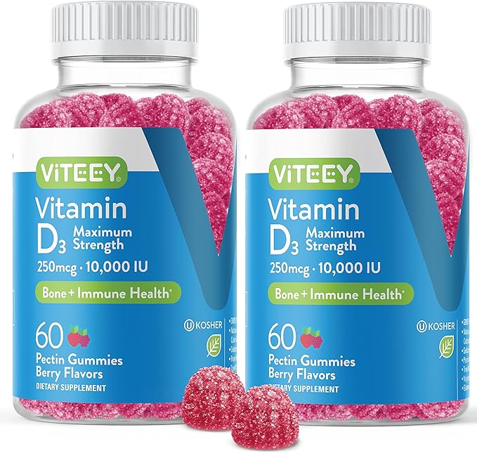 VITEEY Vitamin D3 Gummies for Adults &amp Teens - 10000 IU 250mcg Maximum Strength - Joint &amp Muscle Health Immune Boost - Chewable Vitamin D Gummies - Vegetarian Gelatin Free - Tasty Berry F