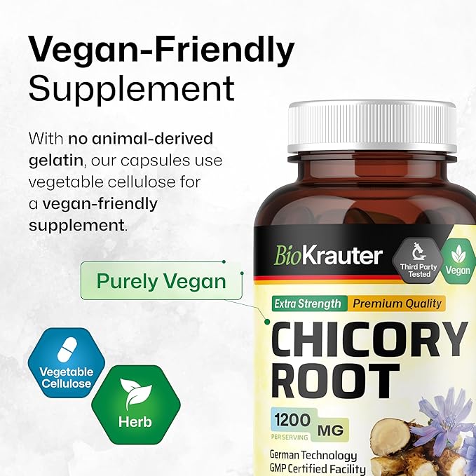 BIO KRAUTER® Chicory Root for Gut &amp Digestive Support - Pure Vegan Prebiotics &amp Fiber Supplement in Capsules 1200 mg per Serving 100 Count - No Fillers Non-GMO - 25 Days of Supply