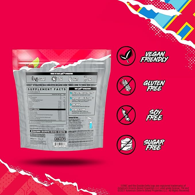 GHOST Hydration Packets Sonic Cherry Limeade 24 Sticks Electrolyte Powder - Drink Mix Supplement with Magnesium Potassium Calcium Vitamin C - Vegan Friendly Free of Soy Sugar &amp Gluten