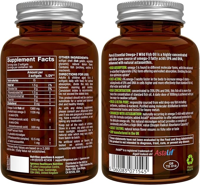 Pure &amp Essential High Absorption Omega-3 Wild Fish Oil 1360mg + Live Cultures+ Lab4 Probiotics Bundle 1000mg EPA &amp DHA with Astaxanthin + 25 Billion CFU Lactobacillus Acidophilus &amp Bifido