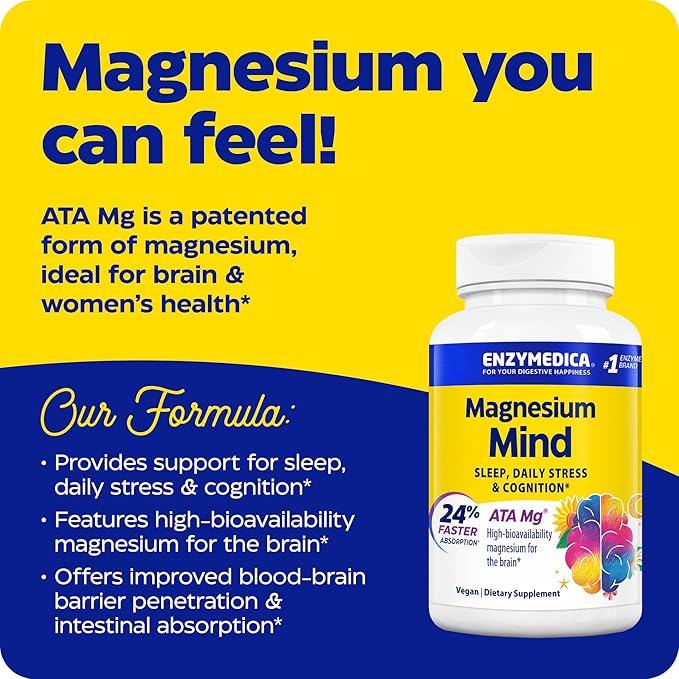 Enzymedica Magnesium Mind Supplement for Women &amp Men - Sleep Stress &amp Cognition Support ATA Mg 24% Faster Absorption High Bioavailability Magnesium Capsules for Brain Vegan Gluten Free -
