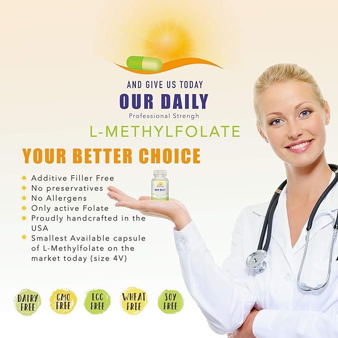Our Daily Vites L-Methylfolate 10 mg / 10000 mcg Maximum Strength Active Folate 5-MTHF Filler Free Gluten Free Non-GMO Vegetarian Capsules 90 Count (3 Month Supply) (90)