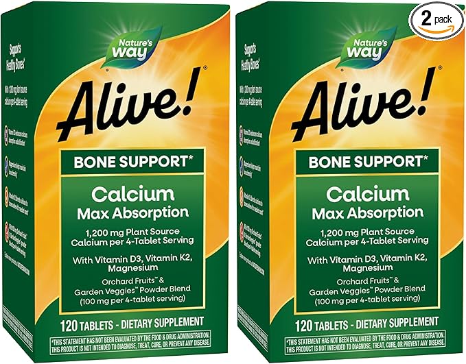 Nature's Way Alive! Calcium Max Absorption 1200 mg Calcium per 4 Tablets with Vitamin D3 Bone Support* Vitamin D3 &amp K2 Magnesium 120 Tablets (Packaging May Vary) (Pack of 2)