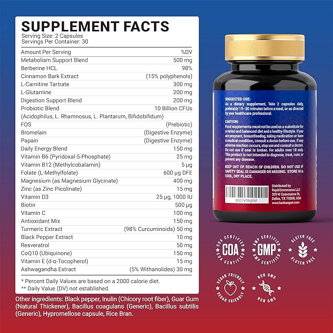 24-in-1 GLP-1 Supplement 1000 mg with Berberine L-Carnitine Ashwagandha | Metabolism Support for Satiety &amp Craving Control | Probiotics 10 Billion CFU for Gut Health &amp Healthy Energy – 60 Ca