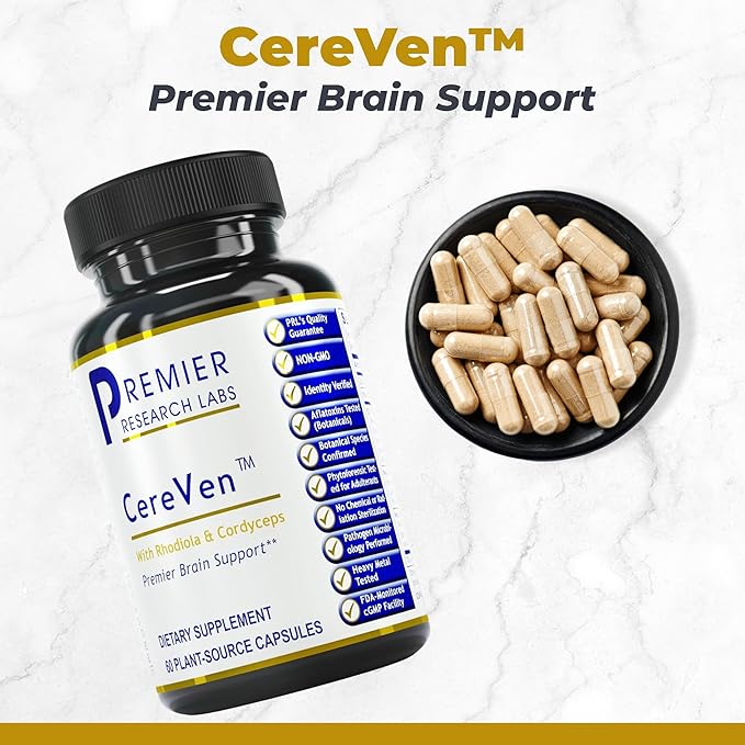 Premier Research Labs CereVen - Herbal Brain Supplement for Memory &amp Focus Featuring Rhodiola Rosea Rhodiola Rosea Supplement for Brain Health Support - 60 Vegetarian Capsules