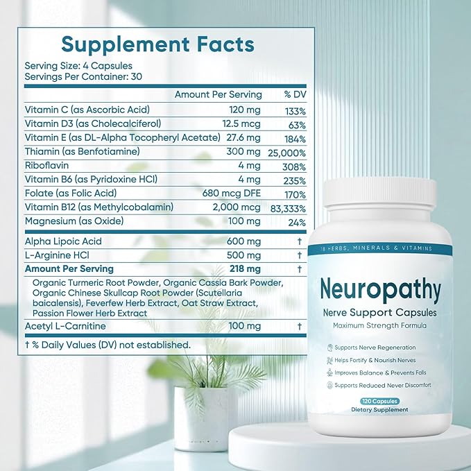 Neuropathy Support Nerve Supplement – with 600 mg Alpha Lipoic Acid B-Complex L-Carnitine Supports Nerve Comfort Calming &amp Improve Overall Health – Vegan Non-GMO120 Capsules