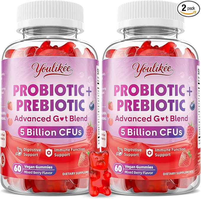 2 Pack Prebiotic + Probiotic Gummies for Women and Men Probiotic Gummies Supports Gut Health 5 Billion CFUs with Fibers Vegan Sugar-Free 120 Count