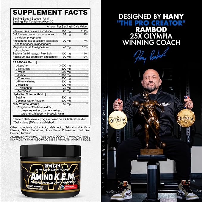 Evogen Amino K.E.M. - EAA &amp BCAA Powder Pump Volumizer | BCAAs Amino Acids Supplement for Blood Flow Muscle Growth &amp Hydration | Victory Punch | 30 Servings