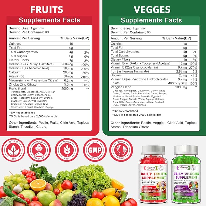 Sugar-Free Fruits &amp Veggies Gummies Super Greens with 23 Fruits &amp 25 Veggies Multivitamin Minerals &amp Fiber Vegan Fruit &amp Vegetable Supplement for Adults 120 Gummies 2 Month Supply