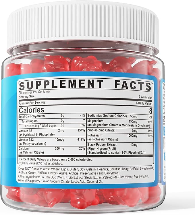 Potassium Citrate 1000mg Gummies Potassium Magnesium Supplement + Calcium Zinc Sodium Vitamin B6 B12 Support Leg Cramps Electrolyte Balance Body Performance Energy Boost Sugar Free 60 Cts