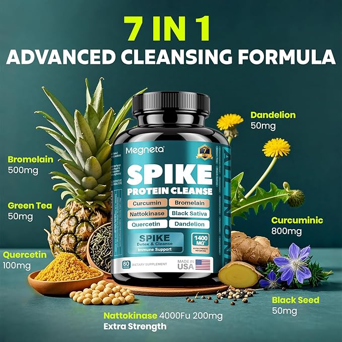 Spike Support - Nattokinase 20000 FU/g Bromelain 500mg &amp Curcumin 800mg – Triple-Action Enzyme Complex with Quercetin &amp Dandelion – Cardiovascular Circulatory Antioxidant &amp Immune Supp