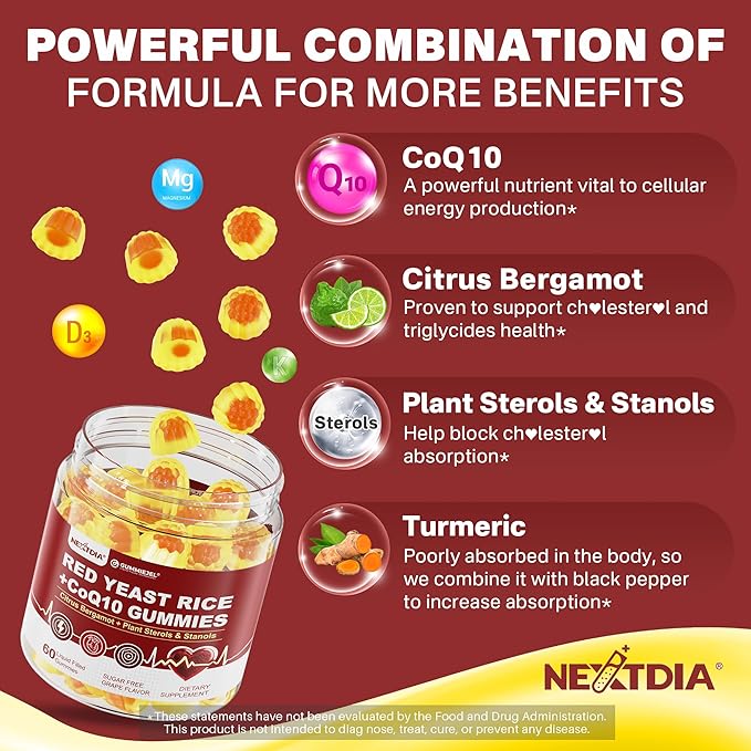 Nextdia 1 Pack Red Yeast Rice Gummies 2400MG with CoQ10 + 1 Pack Beet Root Gummies