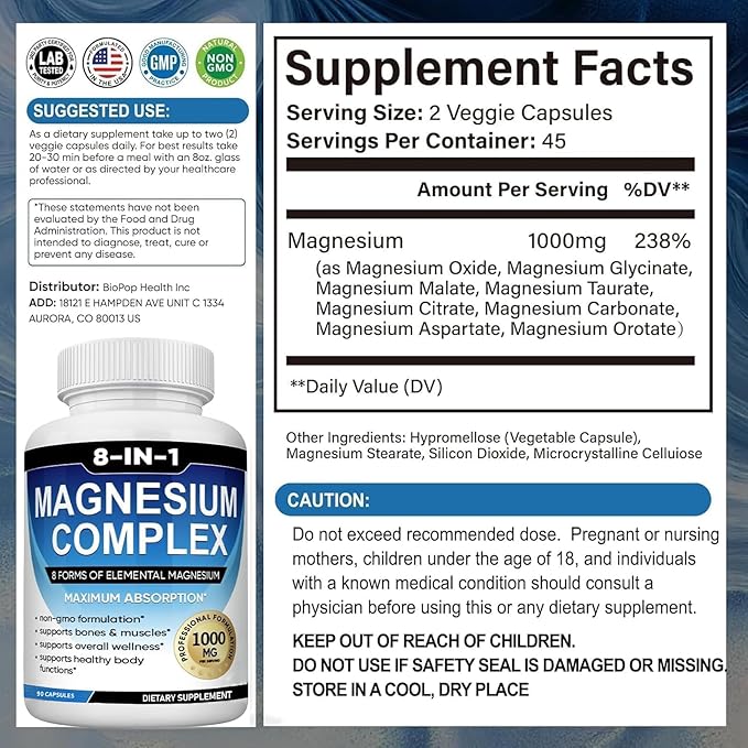 Magnesium Complex Supplement 8 Elemental 1000mg with GlycinateCitrate for Muscle Recovery Stress Energy Bone Health Vegan Non-GMO 180 Capsules Magnesium Supplement for Women Men 2 Bottle
