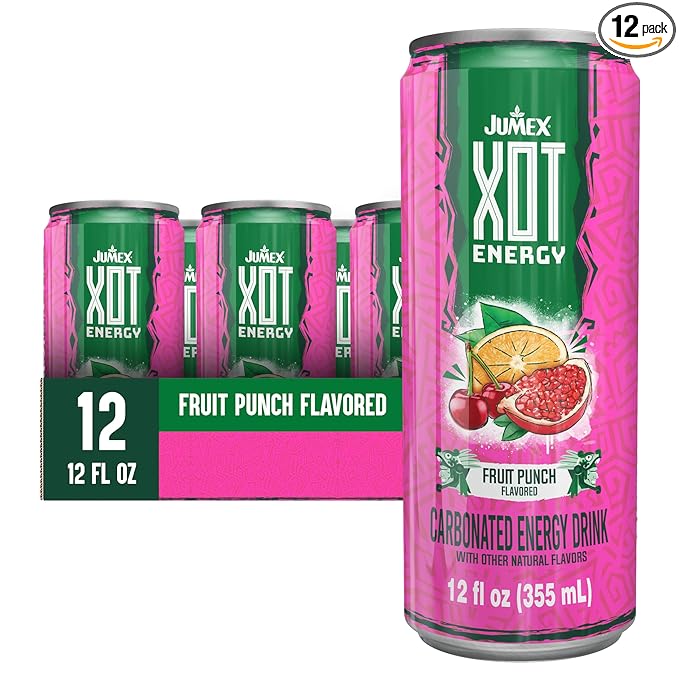 Jumex XOT Energy Drink - Fruit Punch - Natural Caffeine from Mexican Coffee Beans - Carbonated Preworkout with Vitamin B2 B3 B5 B12 - Mexican Drinks - Bebidas Energéticas - 12 Fl oz 12 Pack Cans