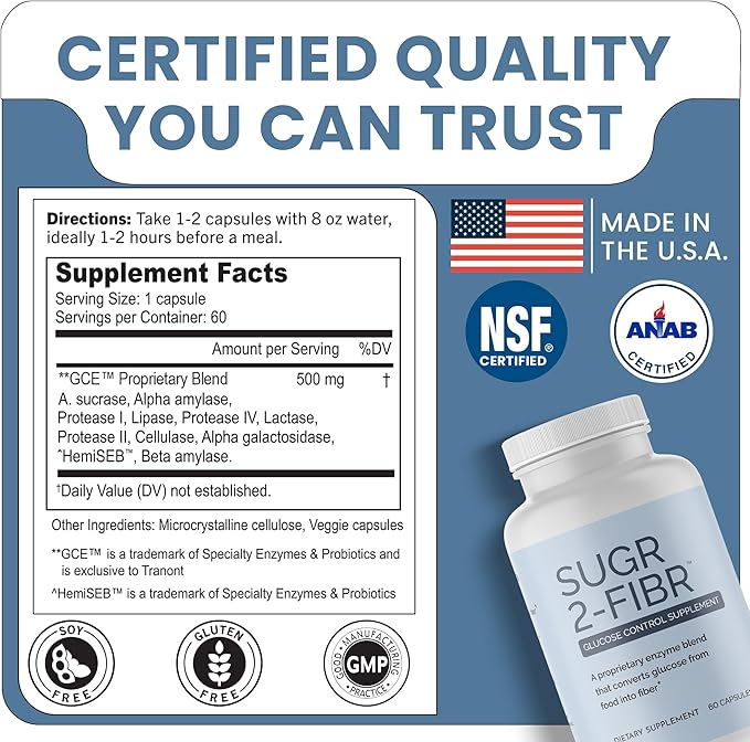 OPTIVIDA Sugr-2-Fibr - Natural Blood Sugar Support Supplement with Enzyme Technology - Glucose Support Supplement - Sugar to Fiber for Gut &amp Energy Levels - Blood Sugar Supplement - 60 Vegan Capsu