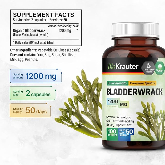 BIO KRAUTER® Bladderwrack for Thyroid Support - Vegan Iodine Supplement 1200 mg per Serving - Bladderwrack 100 Capsules 50 Days of Supply Non-GMO - Natural Seaweed Supplement