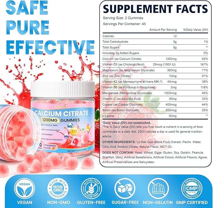 2 Pack Calcium Citrate Magnesium Zinc 1500mg for Kids &amp Adults Sugar-Free D3 K2 (MK-7) B6 Multivitamin Chewable Gummies Extra Strength-Ultimate Absorption for Bone Muscle Teeth Immune Vegan 180 C
