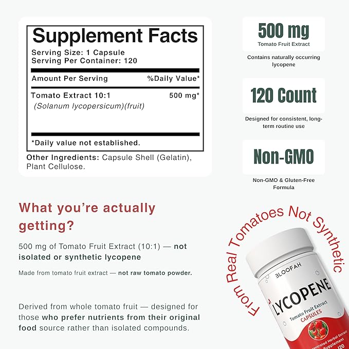 500mg Lycopene Supplement Tomato Extract 10:1 Capsules - 120 Count | 100% Pure Non-GMO &amp Gluten Free Formula | Natural Carotenoid Supplement for Health and Wellness Support
