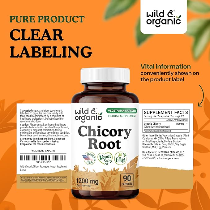 Wild &amp Organic Chicory Root Capsules - 1200 mg of Chicory Root Powder per Serving - Digestive &amp Gut Support - Inulin Fiber Prebiotic Supplement - Non-GMO Vegan Inulin Capsules - 90 Count