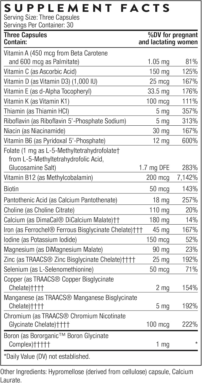 THORNE - Basic Prenatal - Well-Researched Folate Multi for Pregnant &amp Nursing Women - Includes 18 Vitamins &amp Minerals Plus Choline - Third-Party Certified - Gluten Dairy &amp Soy-Free - 30