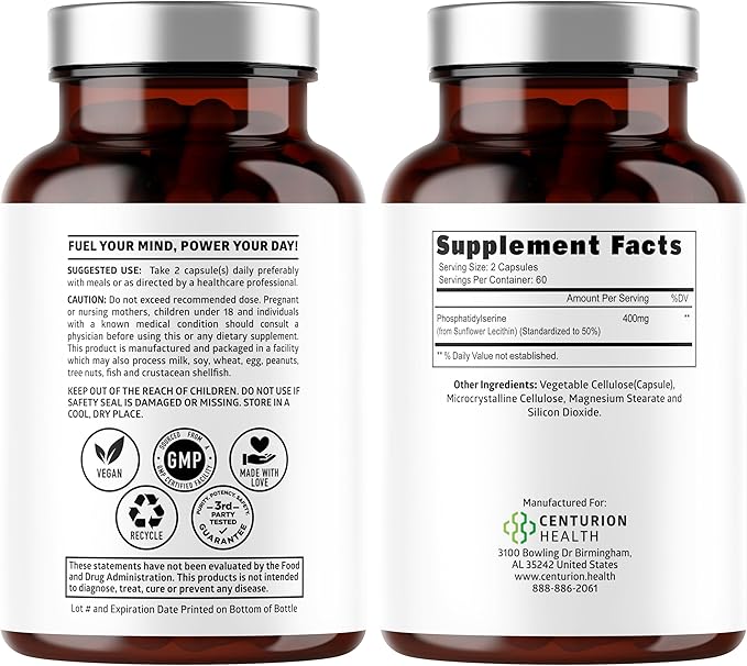 Number One Nutrition Premium Phosphatidylserine 400mg Derived from Sunflower Lecithin to Help Support Memory Focus &amp Cognition Naturally Soy Free 120 Veg Caps