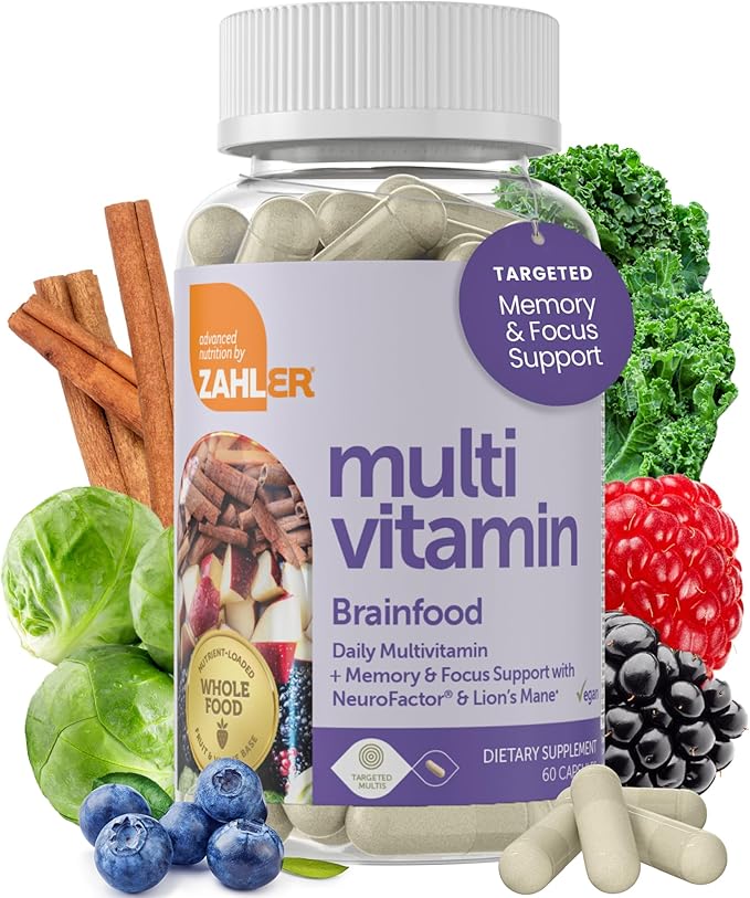 Zahler - Multivitamin Brain Supplement (60 Count) Kosher Brainfood Capsules for Adults with Neuro Factor &amp Lion's Mane - Nootropic Brain Supplements for Memory Support - Focus Mental Energy Boost