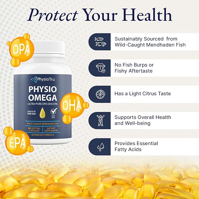 Physio Omega 2400mg Fish Oil with Omega 3 Fatty Acid Supplement - Vascular &amp Cognitive Supplements for Adults - Non-GMO Burpless Light Citrus Flavor Sustainably Sourced - 1 Pack 60 Softgels